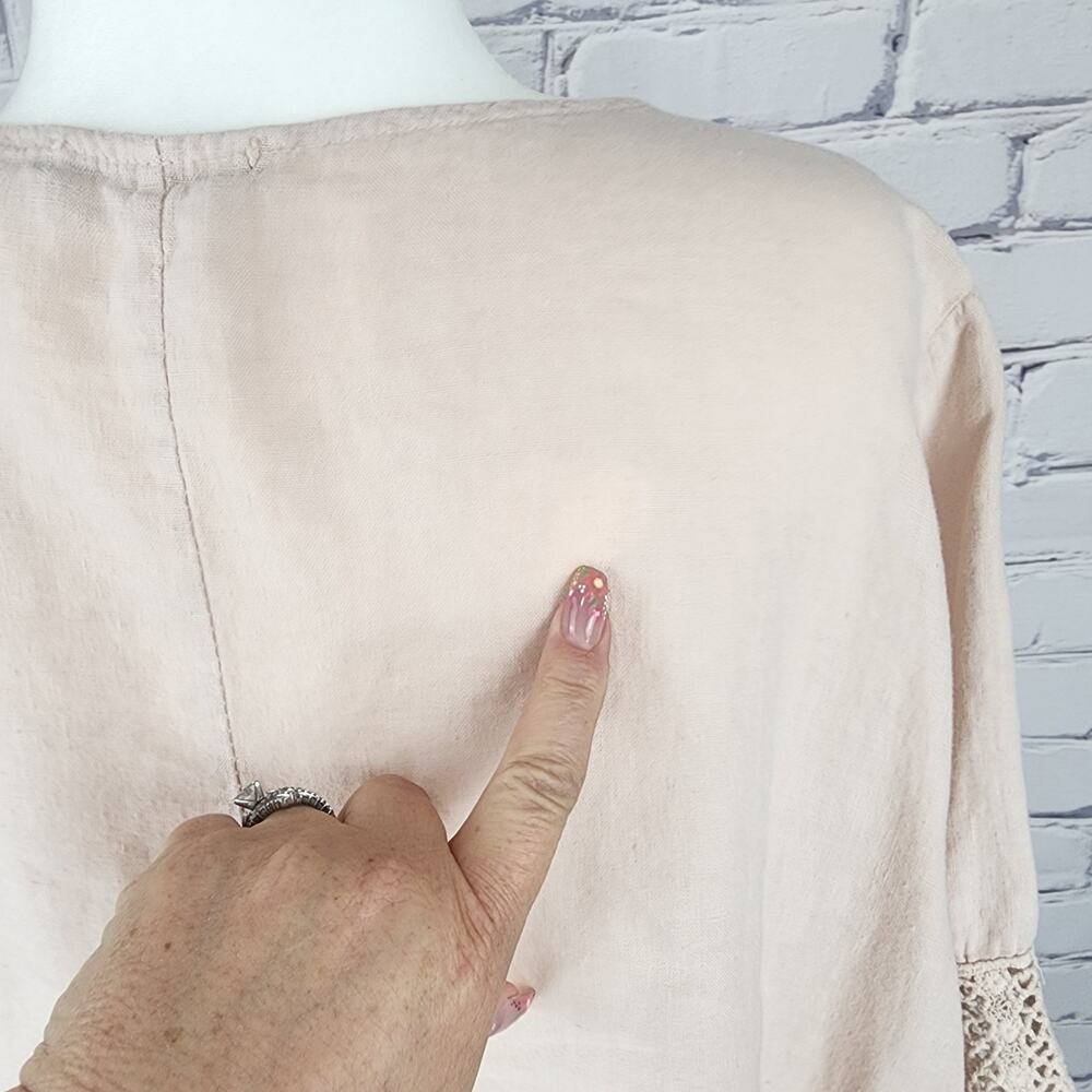 Lung O L’arno Beige 100% Linen Round Neck Top 3/4 Sleeves Lace Trimmed Size 3XL - Picture 9 of 9